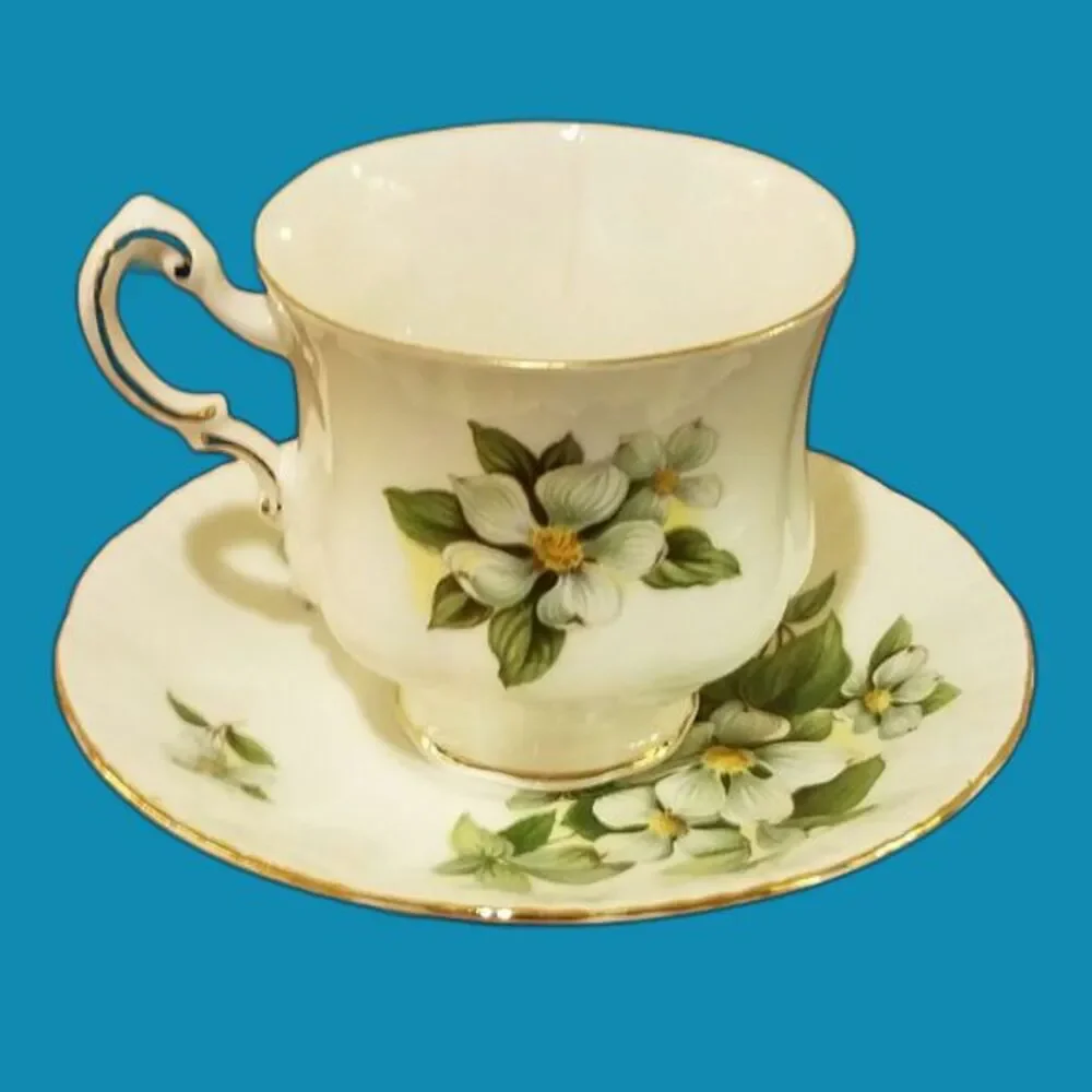 Vtg Paragon Teacup Saucer Set White Dogwood Canadian Provincial Flowers 1950s